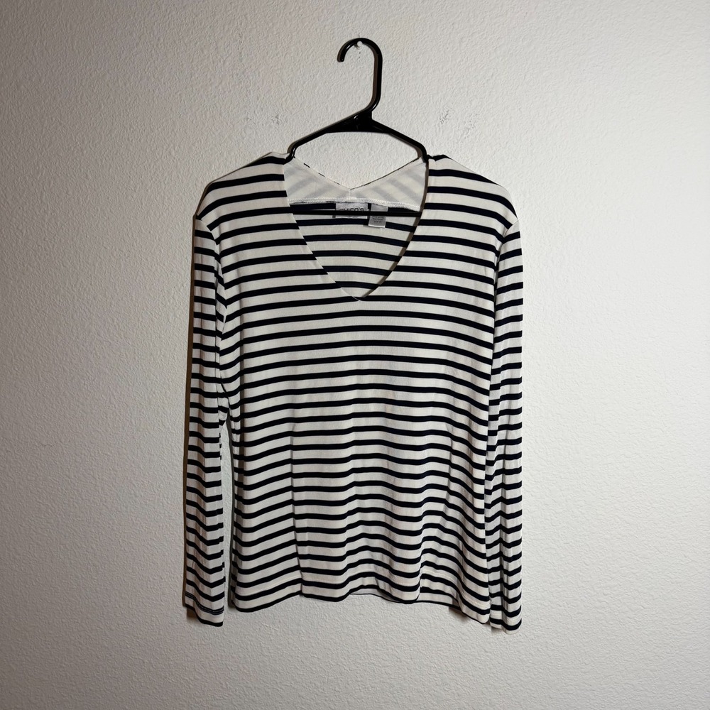 Chicos Striped V Neck‎ Layering T Shirt Womens 2 White Black Stretch Classic Fit